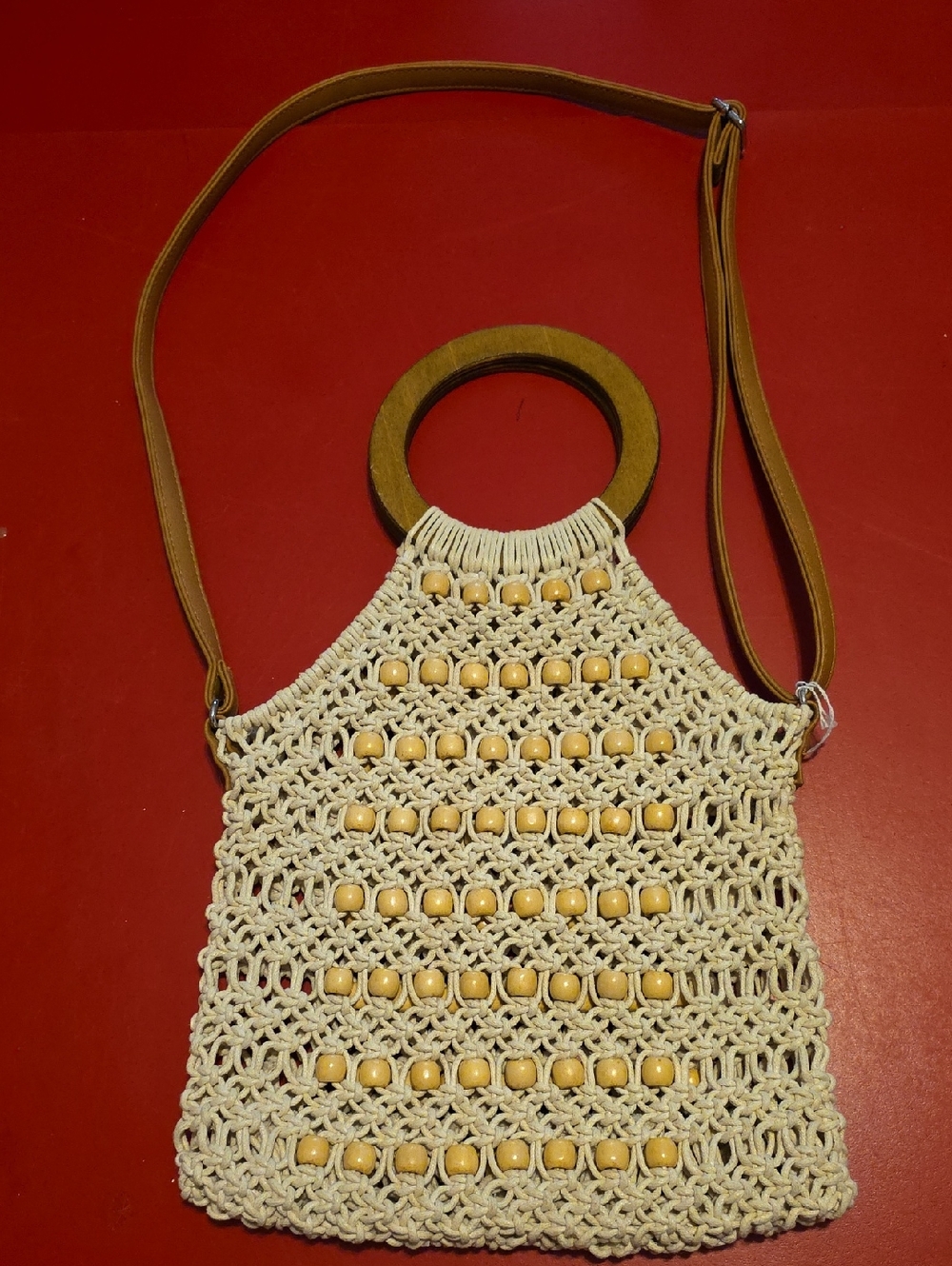 Handmade Macramé Crossbody Bag with Tan Accents Cream Beaded